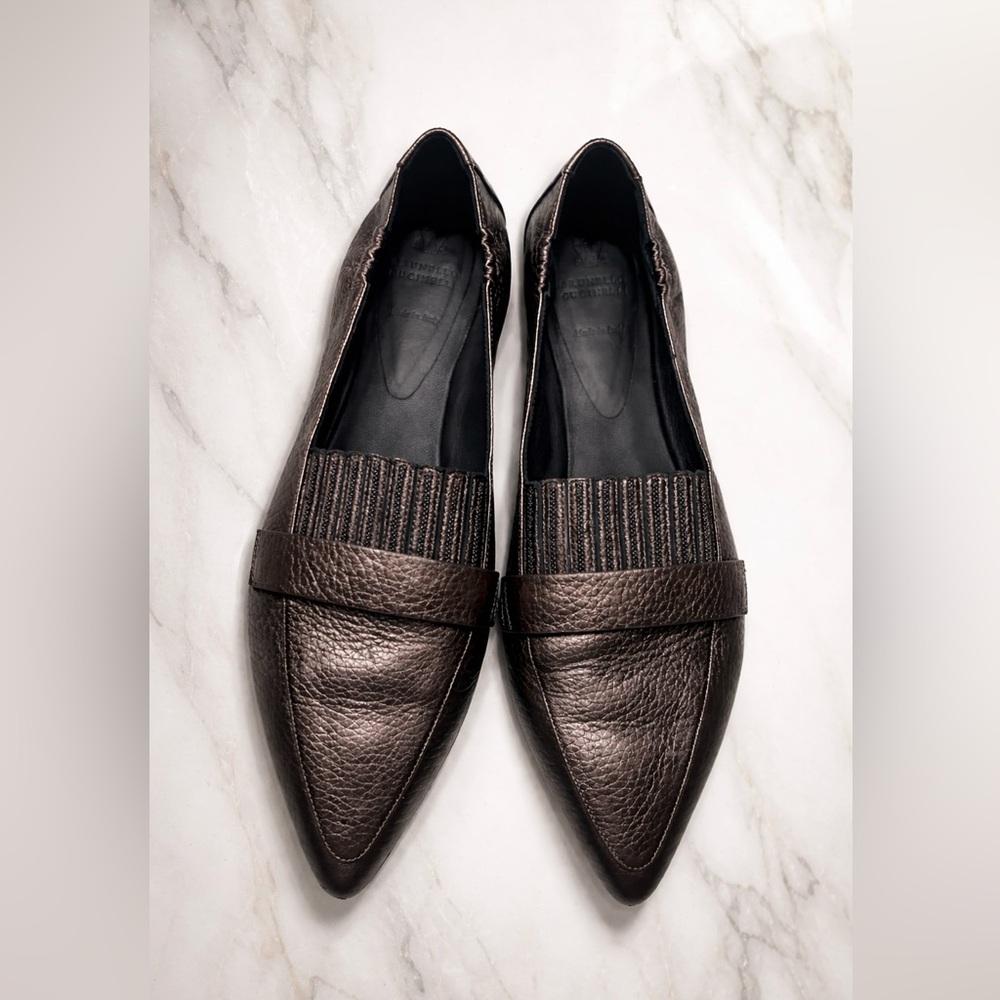 Brunello Cucinelli Monili Pewter Bronze Leather Pointed Toe Loafers Size 39 US 9